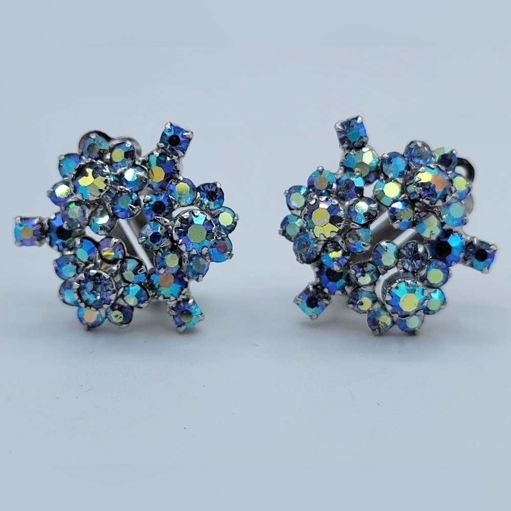 Continental Earrings Blue AB Floral Design Clip On #2525